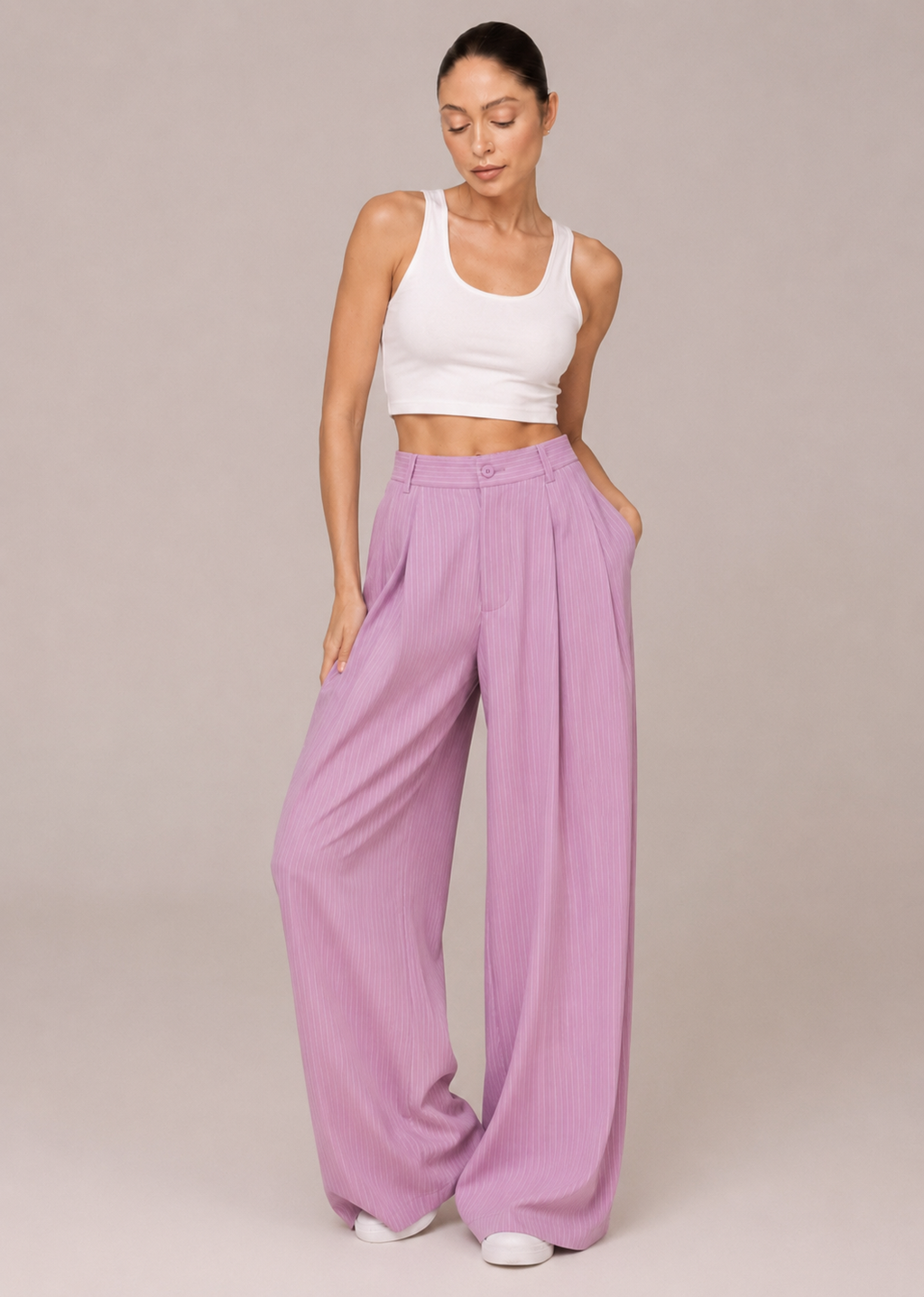 Pantalon Large à Fines Rayures – Taille Haute Coupe Fluide