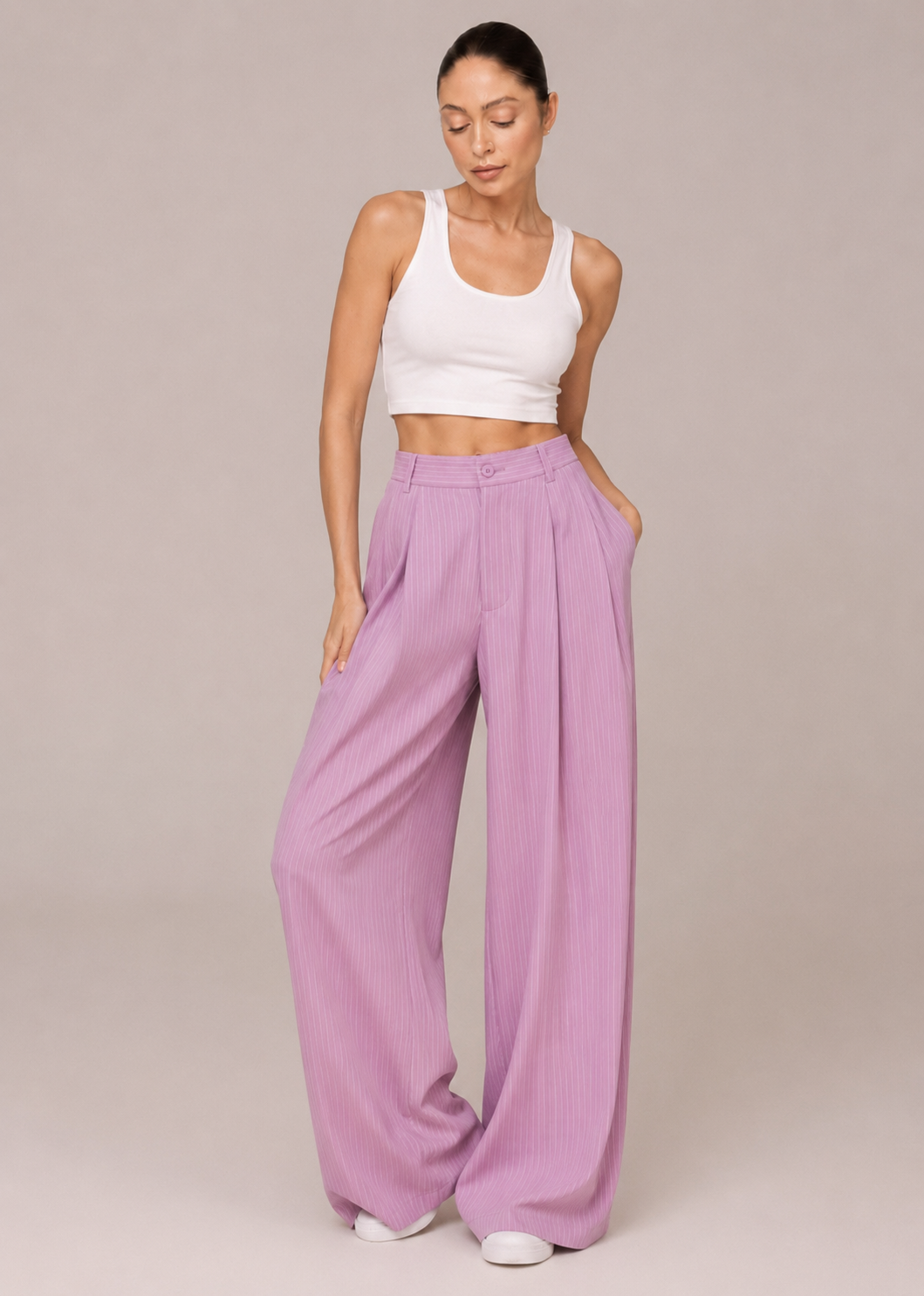 Pantalon Large à Fines Rayures – Taille Haute Coupe Fluide
