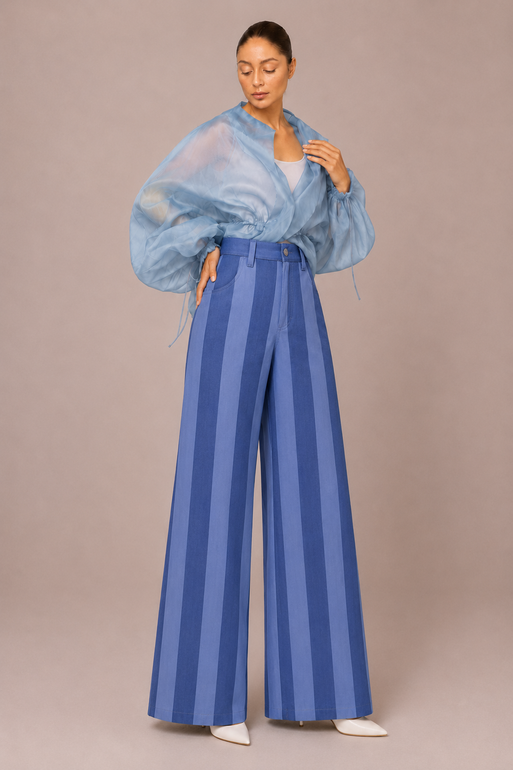 Pantalon Large à Rayures – Taille Haute Coupe Fluide