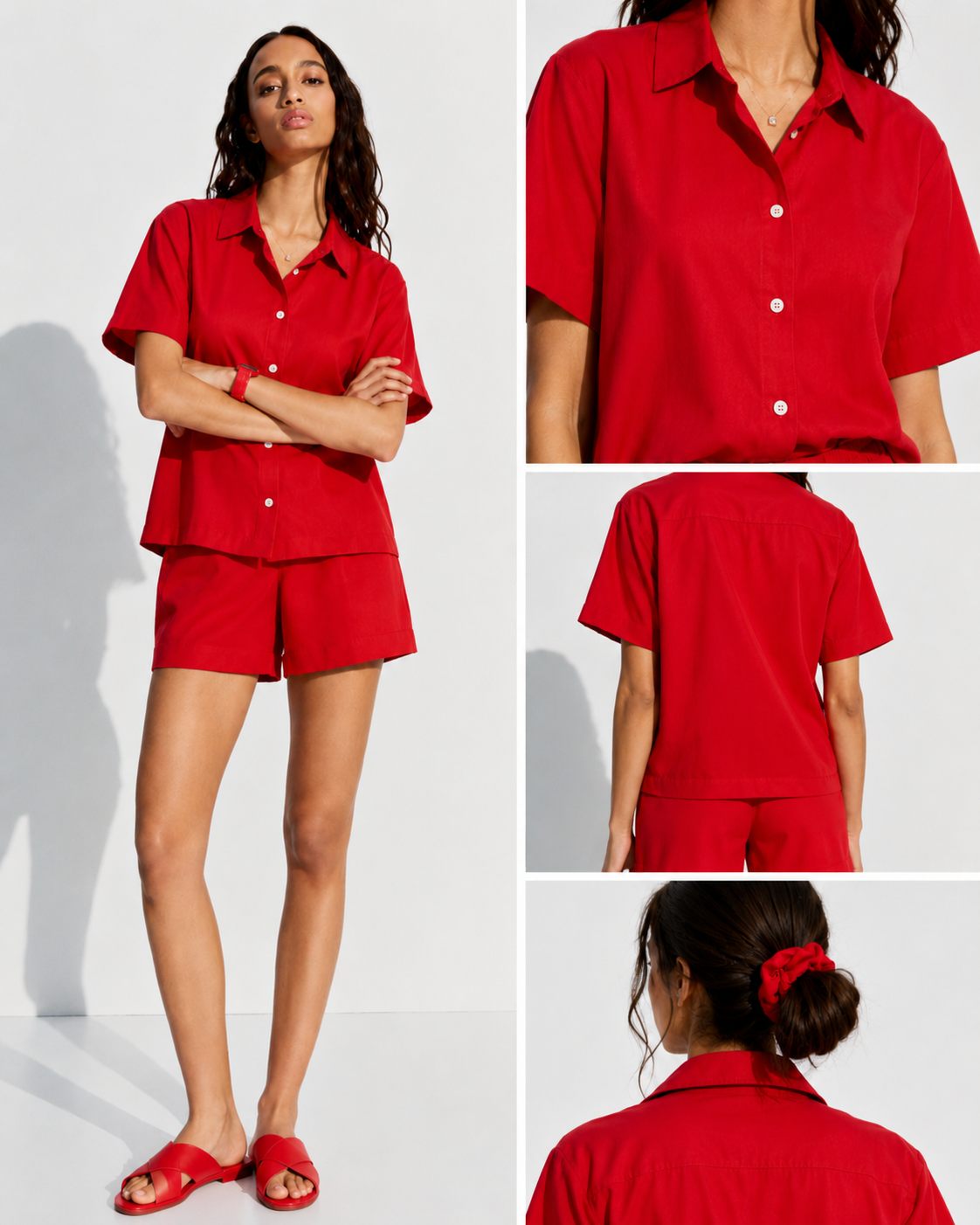 Ensemble Nolana 3 Pièces - Chemise, Short et Chouchou Rouge