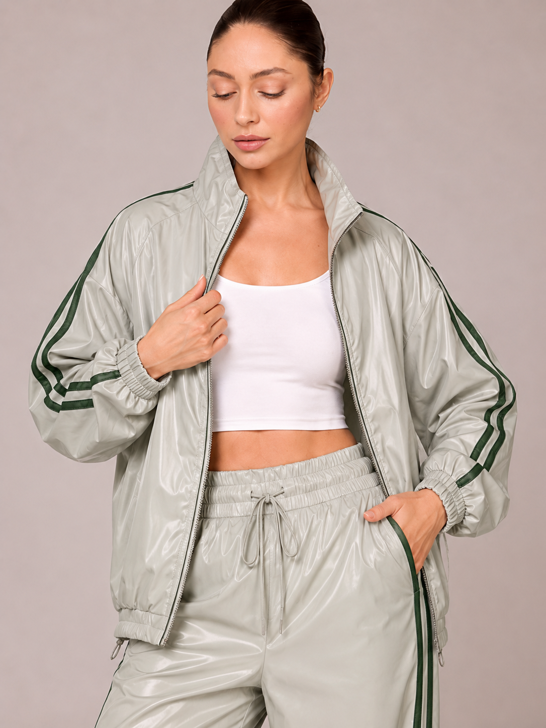 Set Imperméable 2 Pièces – Veste Zippée et Pantalon Large à Bandes Latérales