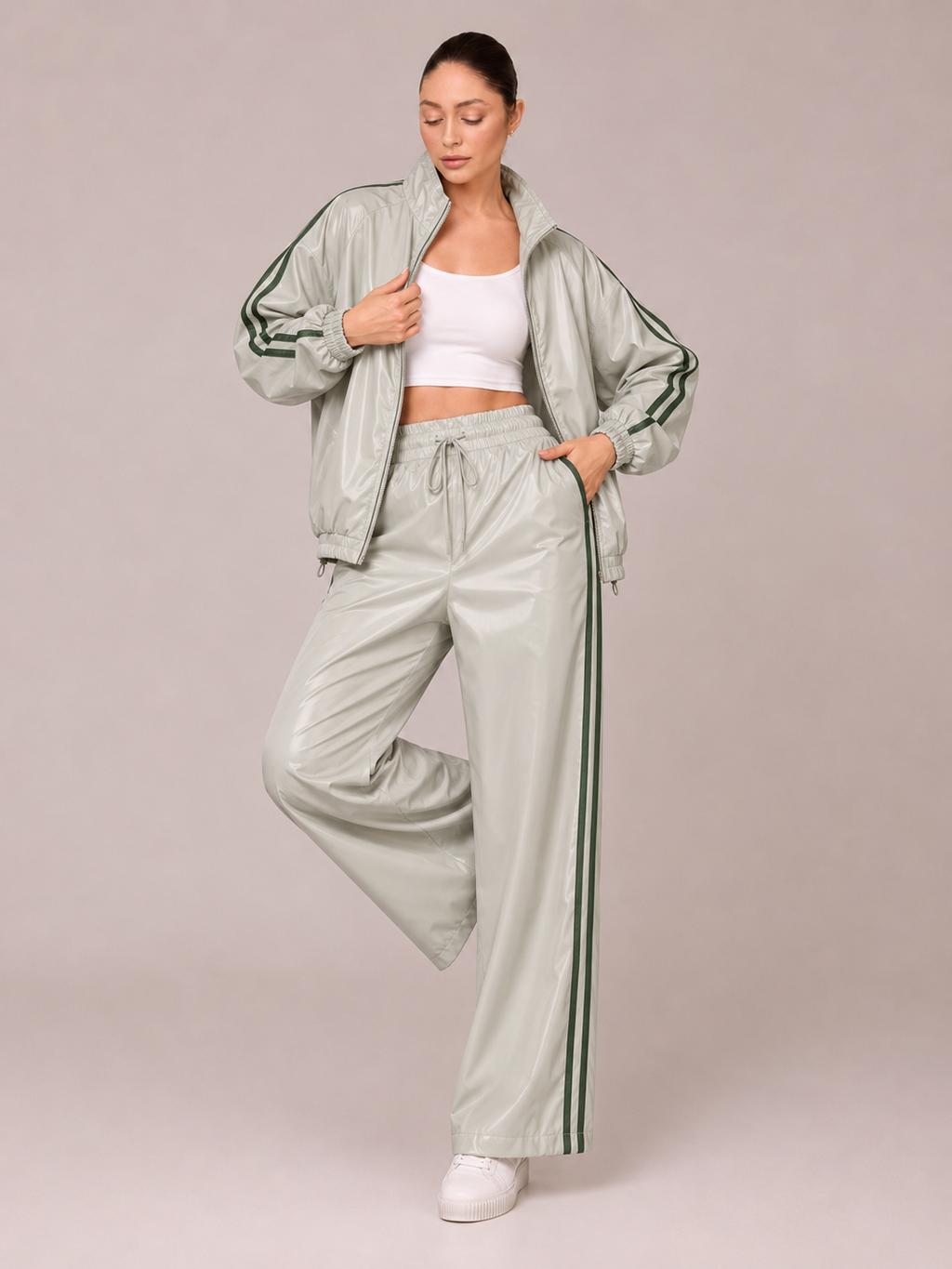 Set Imperméable 2 Pièces – Veste Zippée et Pantalon Large à Bandes Latérales