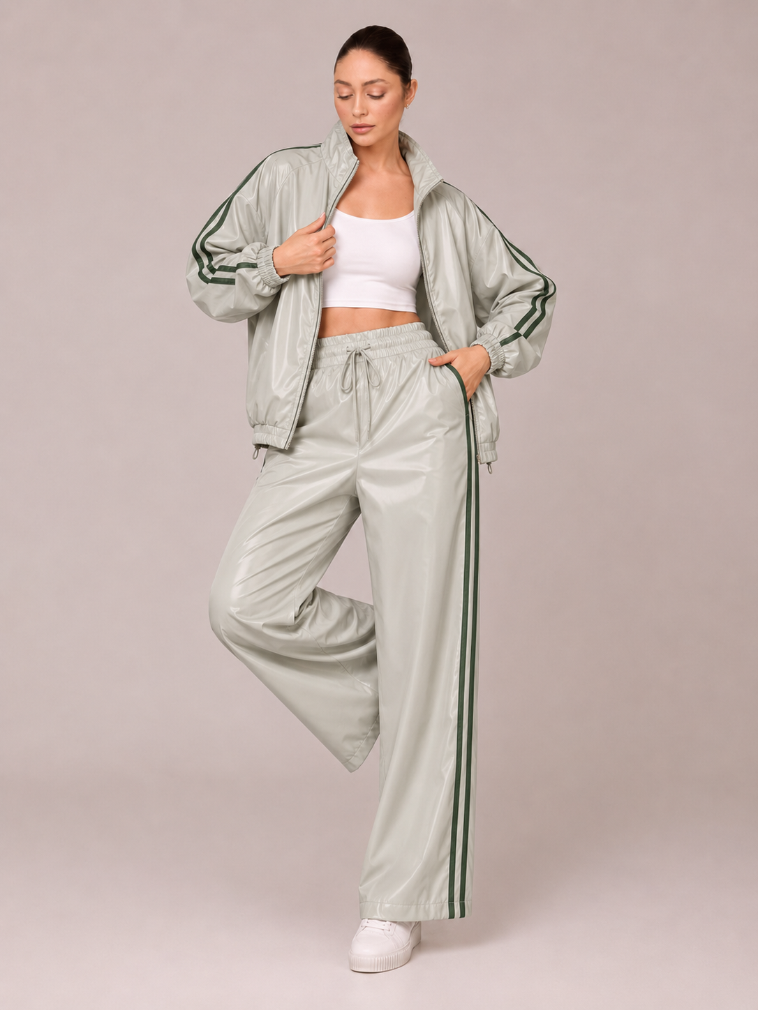 Set Imperméable 2 Pièces – Veste Zippée et Pantalon Large à Bandes Latérales