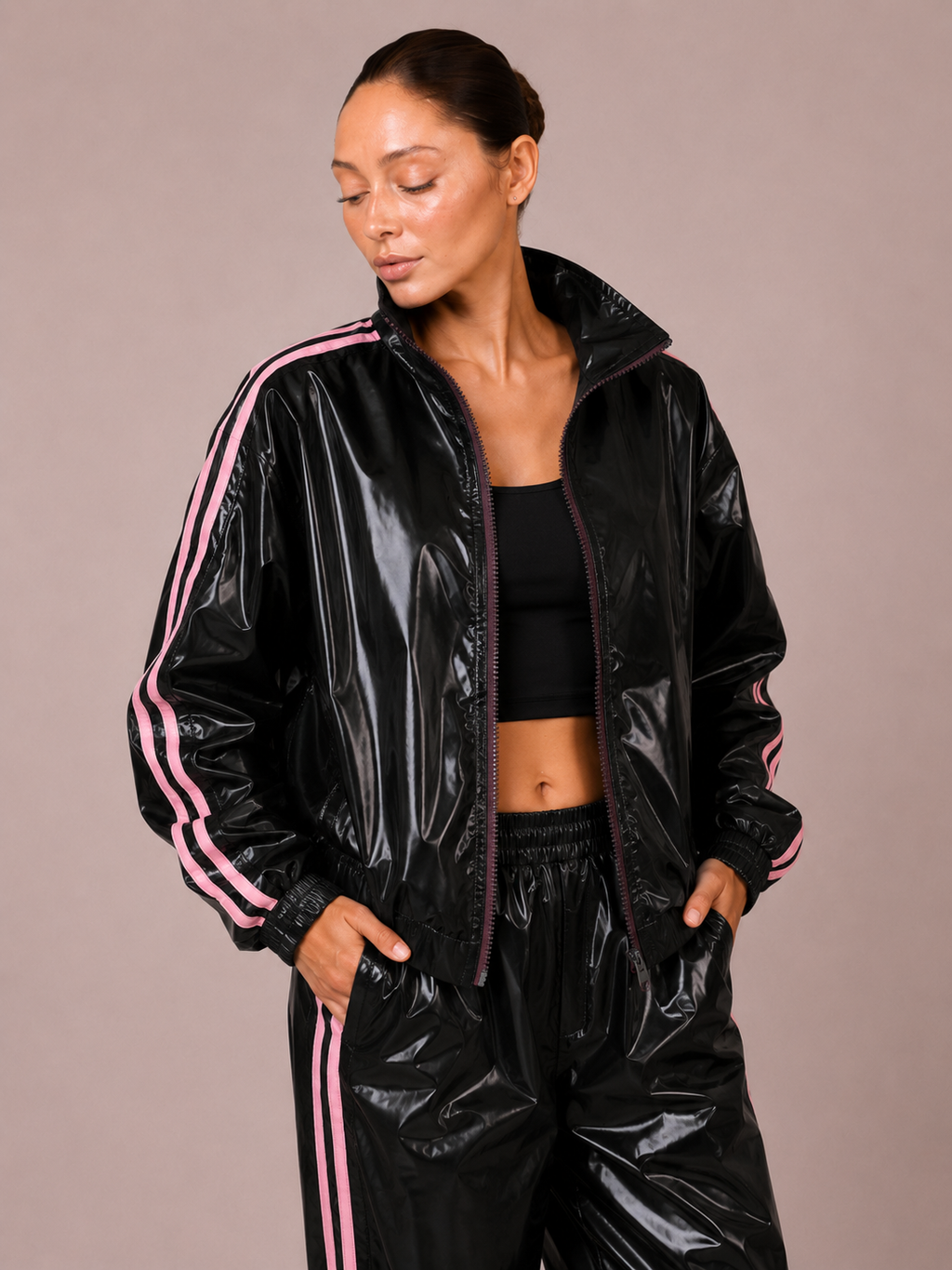 Set Imperméable 2 Pièces – Veste Zippée et Pantalon Large à Bandes Latérales